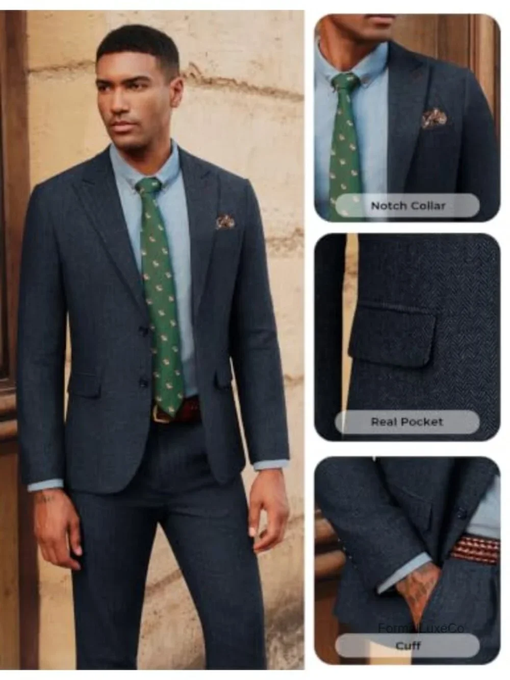 Men's 2 Piece Herringbone Wool Blend Tweed Suit Set with Peak Lapel